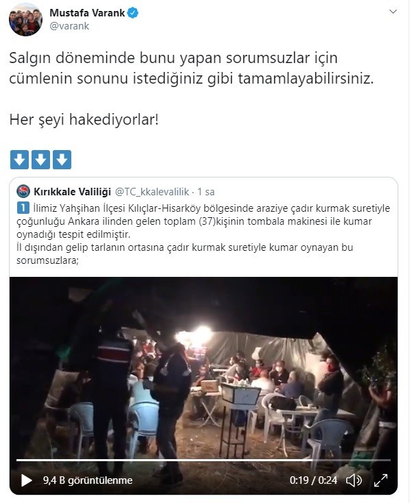 Bakan Varank’tan çadırda kumar görüntülerine tepki: ‘Her şeyi hak ediyorlar’