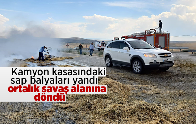 Kırıkkale’de seyir halindeki kamyonun kasasındaki sap balyaları yandı