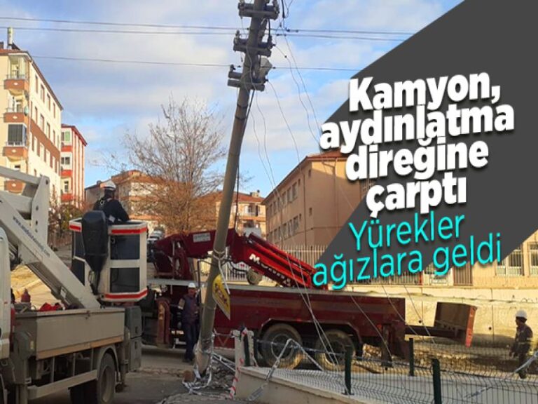 Kamyon, aydınlatma direğine çarptı