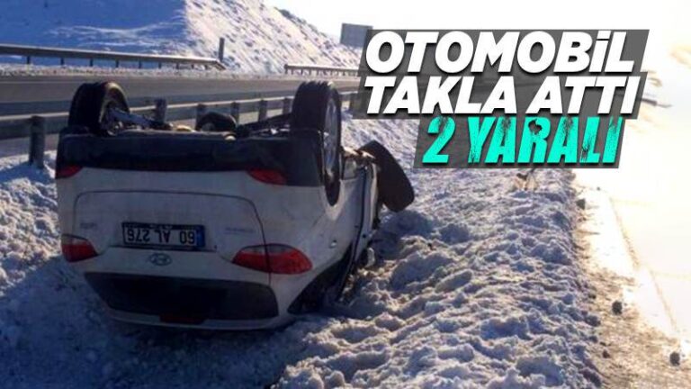Karlı yolda kayan otomobil takla attı