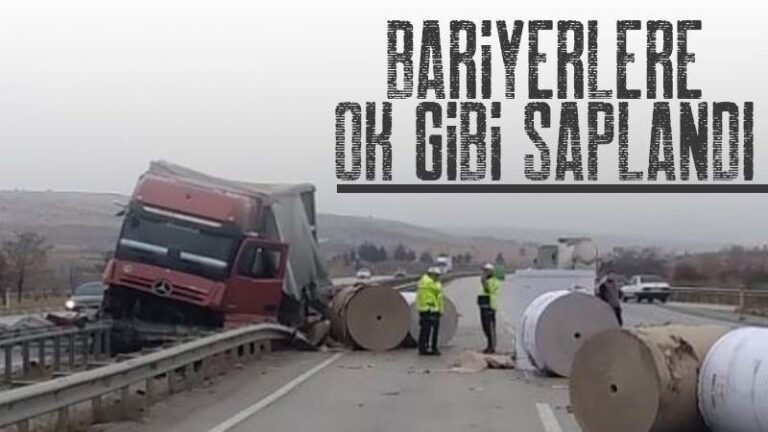 Seyir halindeki TIR bariyerlere saplandı!
