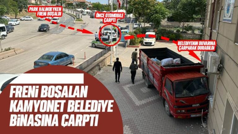 Freni boşalan kamyonet belediye binasına çarptı