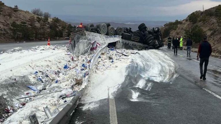 Delice’de tır refüje devrildi